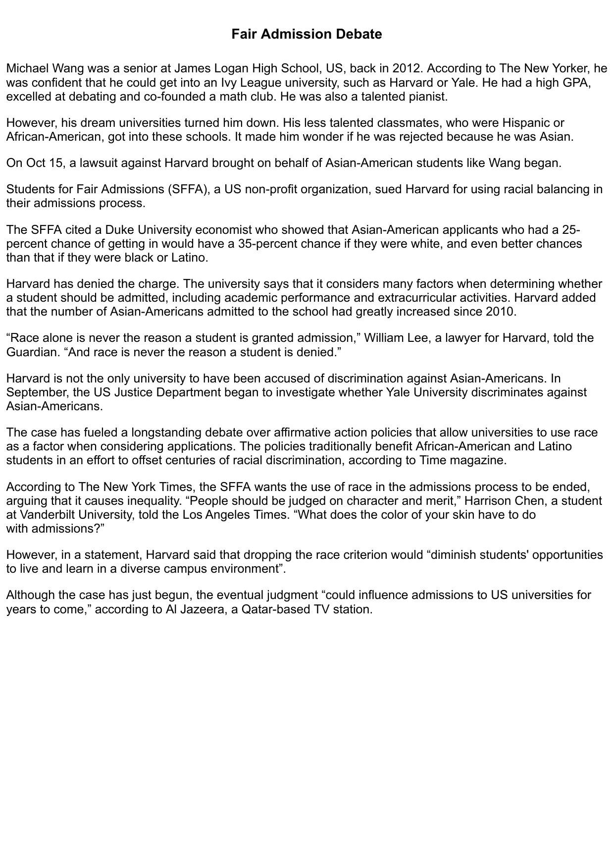 Fair Admission Debate
